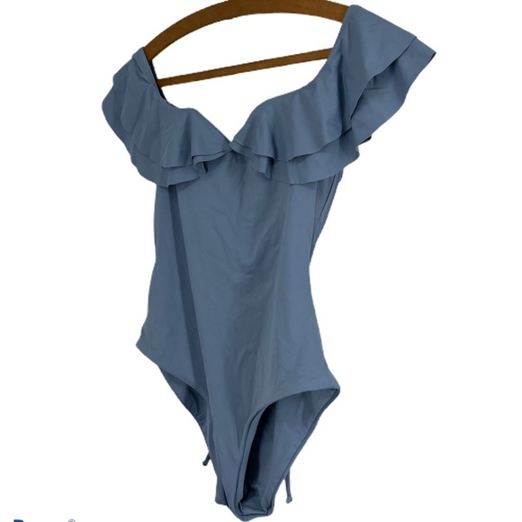 BECCA off the shoulder one piece swim suit blue ruffle small - Picture 2 of 5